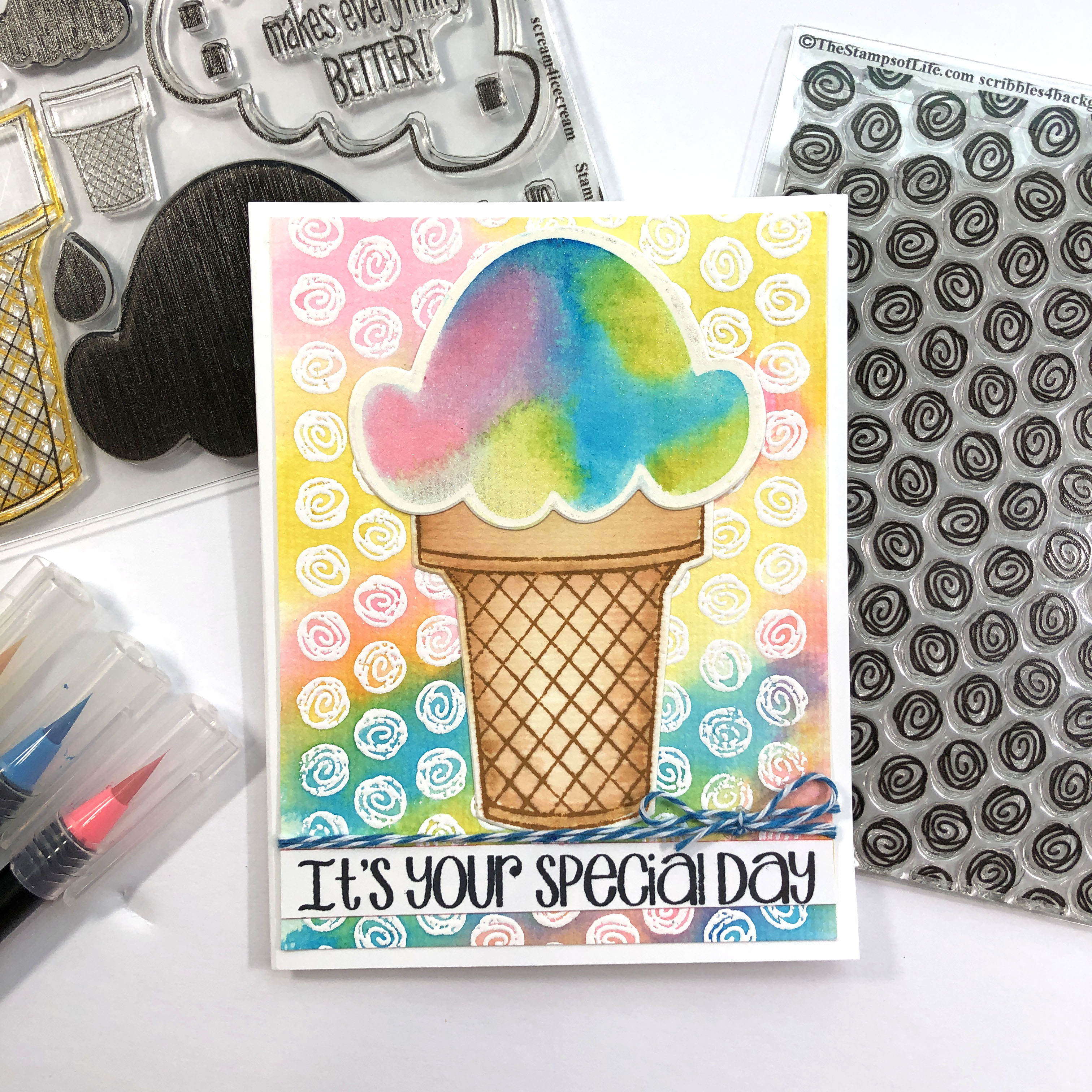 Emboss Resist Watercolor Background Stamps Ice Cream