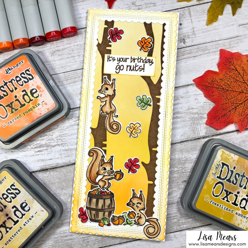 Fall Slimline Card - Birthday Slimline Card - Oh Nuts Pink and Main - Birch Tree Stencil Simon Says Stamp