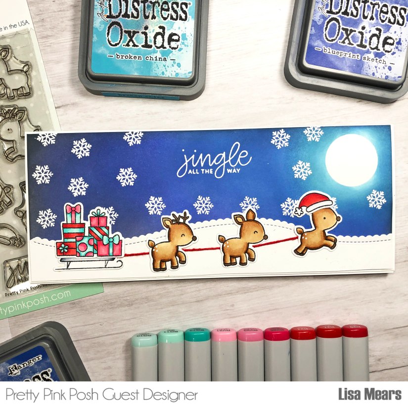 Pretty Pink Posh Reindeer Friends Slimline Card with Winter Night Sky with Ink-blended background