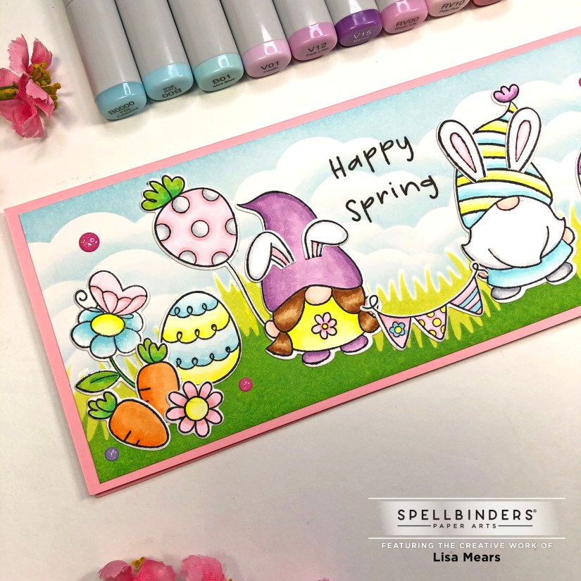 Spellbinders March 2022 Clear Stamp of the Month - Gnomes - Spring Card - Easter Card - Slimline Scene Card