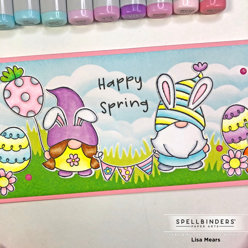 Spellbinders March 2022 Clear Stamp of the Month - Gnomes - Spring Card - Easter Card - Slimline Scene Card