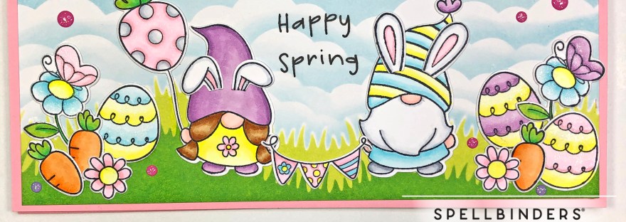Spellbinders March 2022 Clear Stamp of the Month - Gnomes - Spring Card - Easter Card - Slimline Scene Card