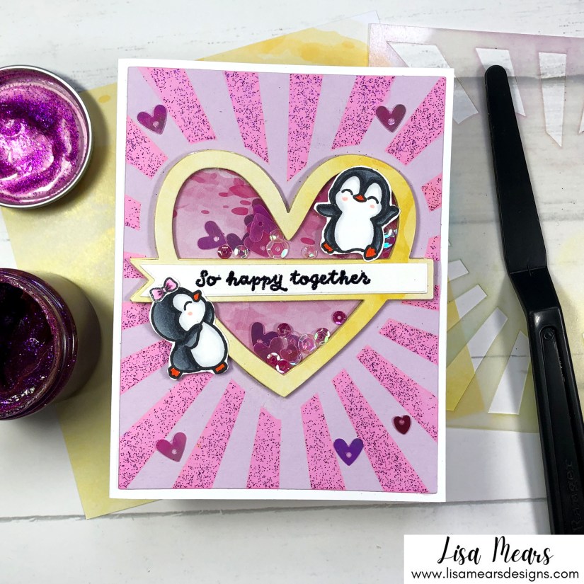 Brutus Monroe Heart Rays Stencil - Sunny Studio Stamps Passionate Penguins - Scrapbook.com Heartfelt Wishes Die - Handmade Card
