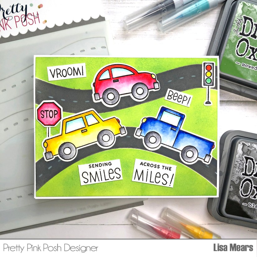 Layered Roads Stencil - Across the Miles Stamp Set - Pretty Pink Posh - handmade card with cars