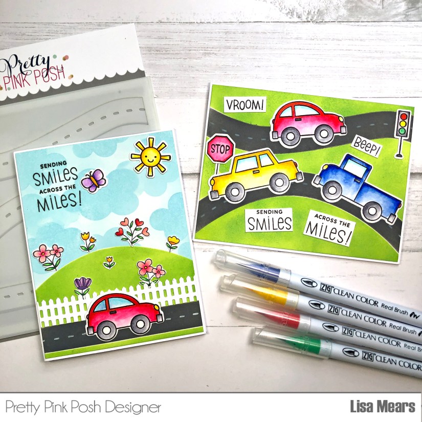 Scene Cards - Layered Roads Stencil - Across the Miles Stamp Set - Pretty Pink Posh