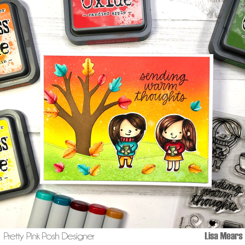 Simon Says Stamp STAMPtember 2022 - Pretty Pink Posh - Coffee Friends - Autumn Coffee Card with Distress Ink Background and Fall tree