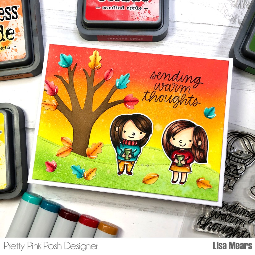 Simon Says Stamp STAMPtember 2022 - Pretty Pink Posh - Coffee Friends - Autumn Coffee Card with Distress Ink Background and Fall tree