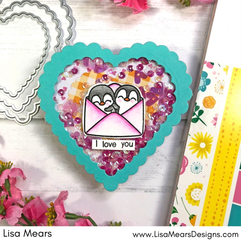 Scrapbook.com SBC Fest - Heart Shaped Shaker Card - Sunny Studio Stamps Passionate Penguins - Scrapbook.com Nested Scallop Hearts