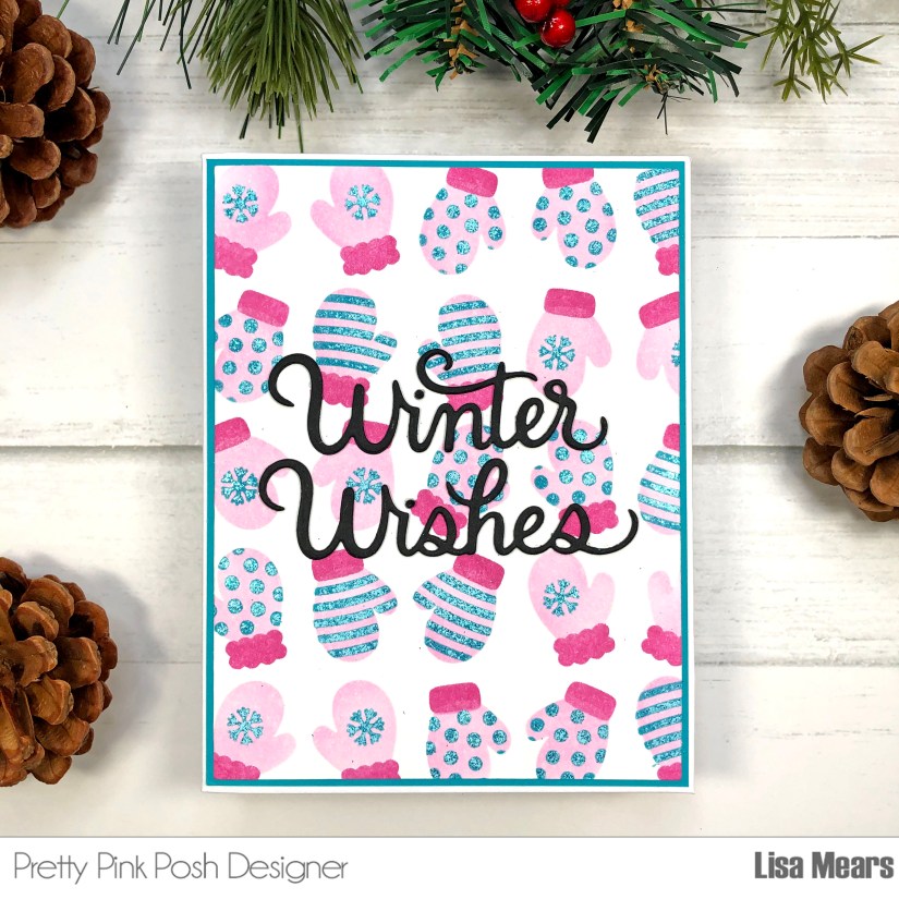 Pretty Pink Posh - Layered Mittens Stencil Card - taking your stencils to the next level adding glitter and shine