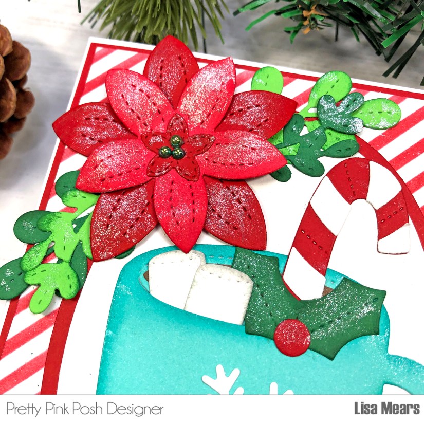 Pretty Pink Posh - Winter Mug Card - Handmade Card with Mug - Handmade card with poinsettia - pinstripe stencil - winter foliage dies