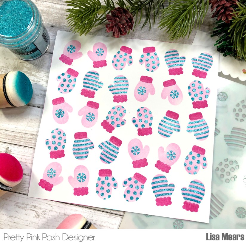 Pretty Pink Posh - Layered Mittens Stencil Card - taking your stencils to the next level adding glitter and shine