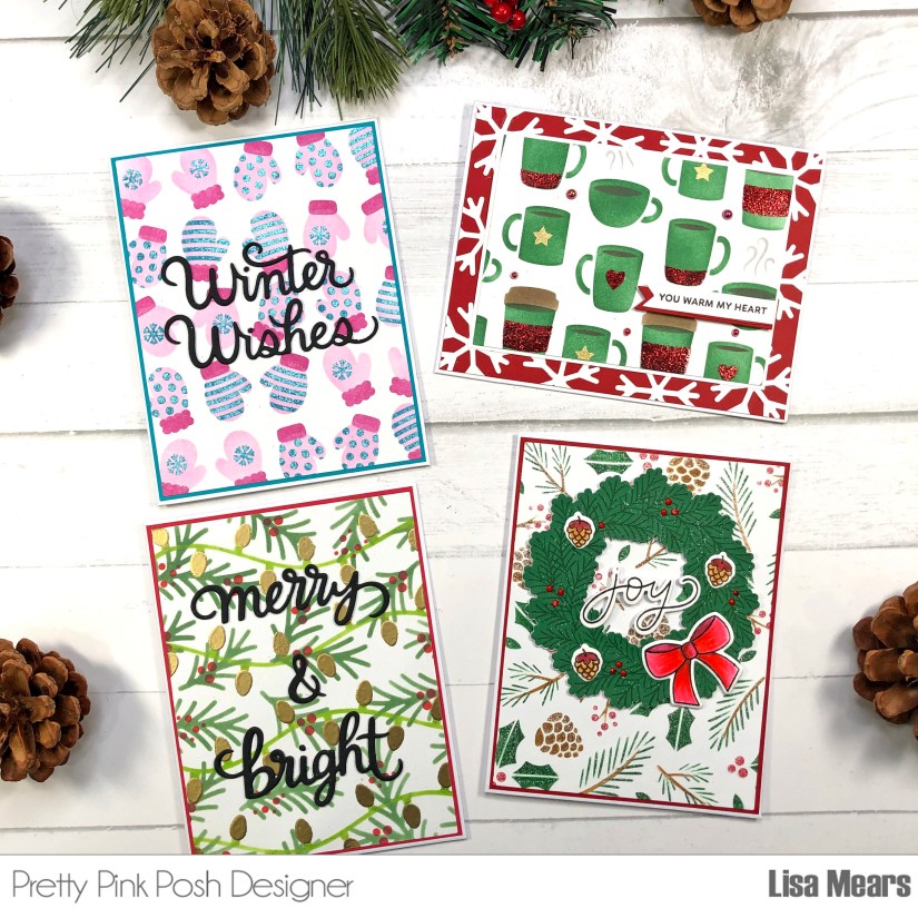 Taking Your Stencils to the Next Level - Adding Glitter and Shine - Christmas Stencils - Pretty Pink Posh - Layered Coffee Cups Stencil - Layered Mittens Stencil - Layered Christmas Lights Stencil - Layered Winter Foliage Stencil