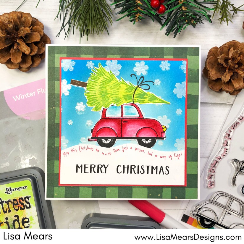 Handmade Christmas Card with old-fashioned car - Scrapbook.com Joyful Ride - Scrapbook.com Nested Square Dies -Scrapbook.com Winter Flurry Stencil - Scrapbook.com White Pops of Color
