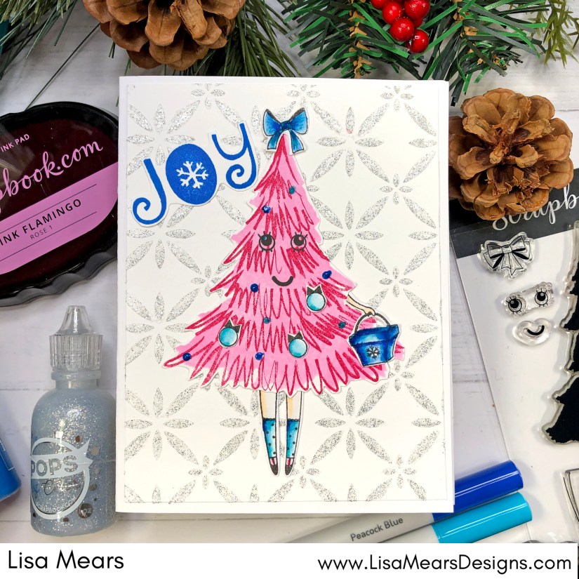 Handmade Christmas Card with Christmas Tree - Scrapbook.com Christmas Trees - Scrapbook.com Joyful Ride - Scrapbook.com Roma Mosaic Stencil - Scrapbook.com Pops of Color