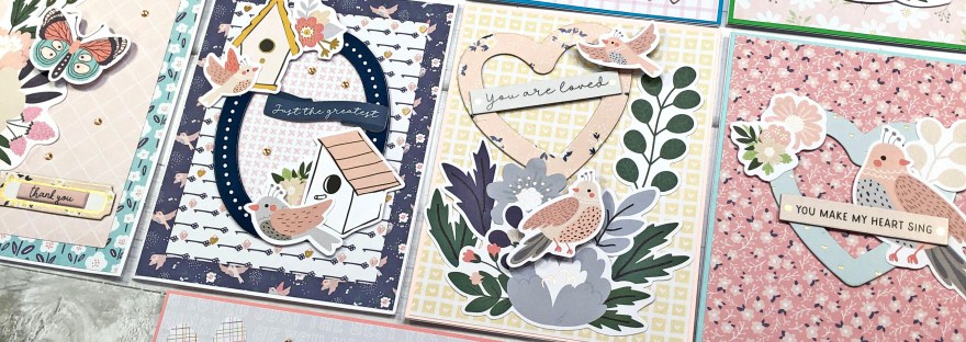 Spellbinders December 2022 Card Kit - Love Grows Here - Cards with Birds, Flowers, Hearts, and Chipboard Frames