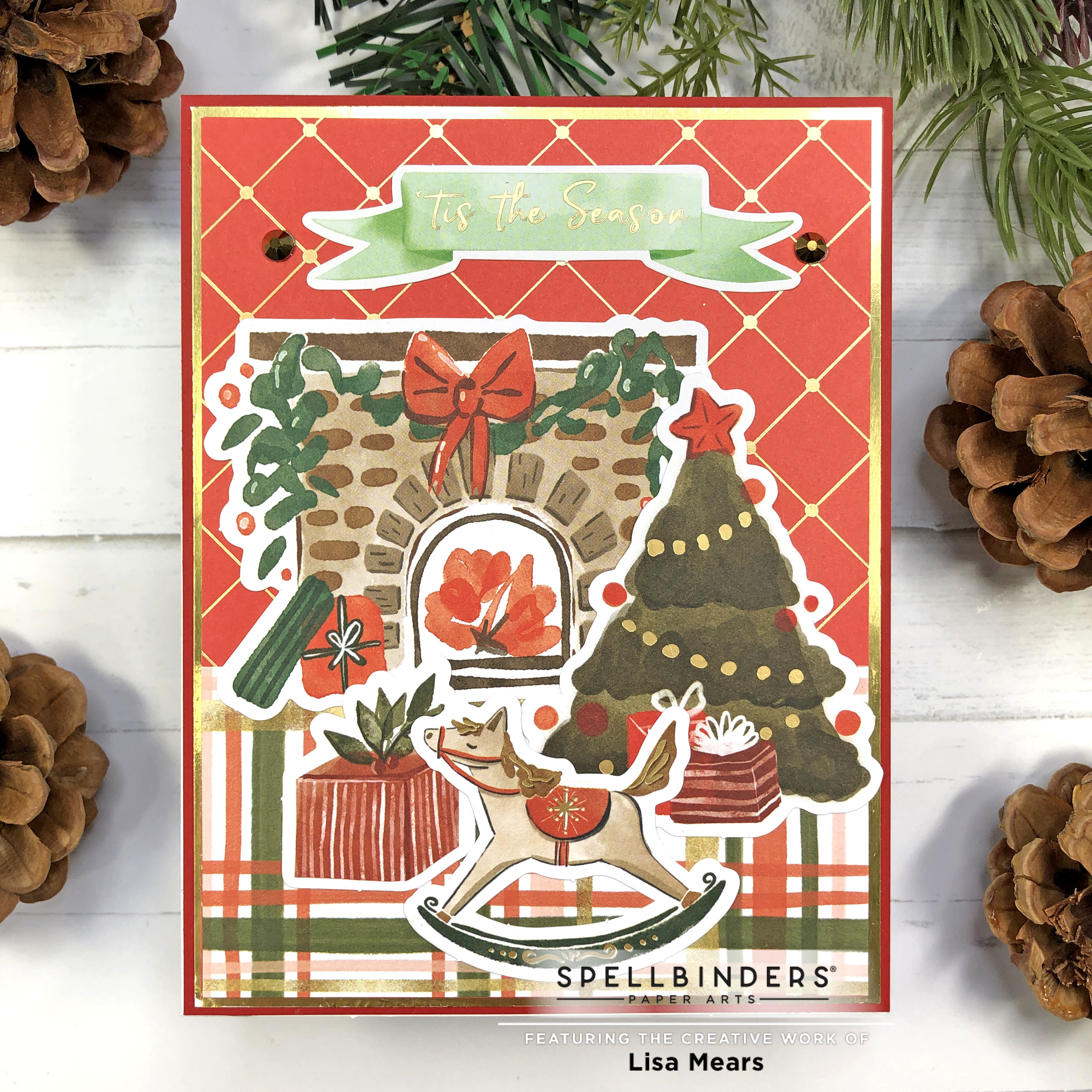 Spellbinders Winter Wonderland - Christmas Card with fireplace, Christmas tree, and rocking horse