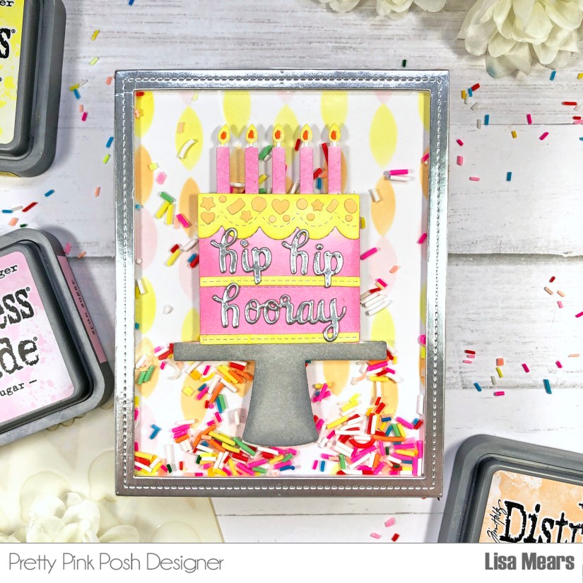 Fancy Cake Shaker Card - Pretty Pink Posh - Streamers Stencil - Handmade card with Birthday Cake