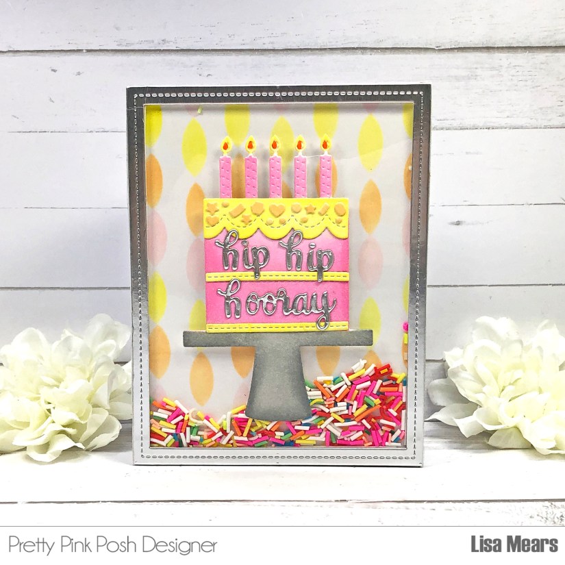 Fancy Cake Shaker Card - Pretty Pink Posh - Streamers Stencil - Handmade card with Birthday Cake