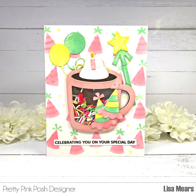 Birthday Mug Shaker Card, Pretty Pink Posh Birthday Mug Additions, Party Hats Stencil