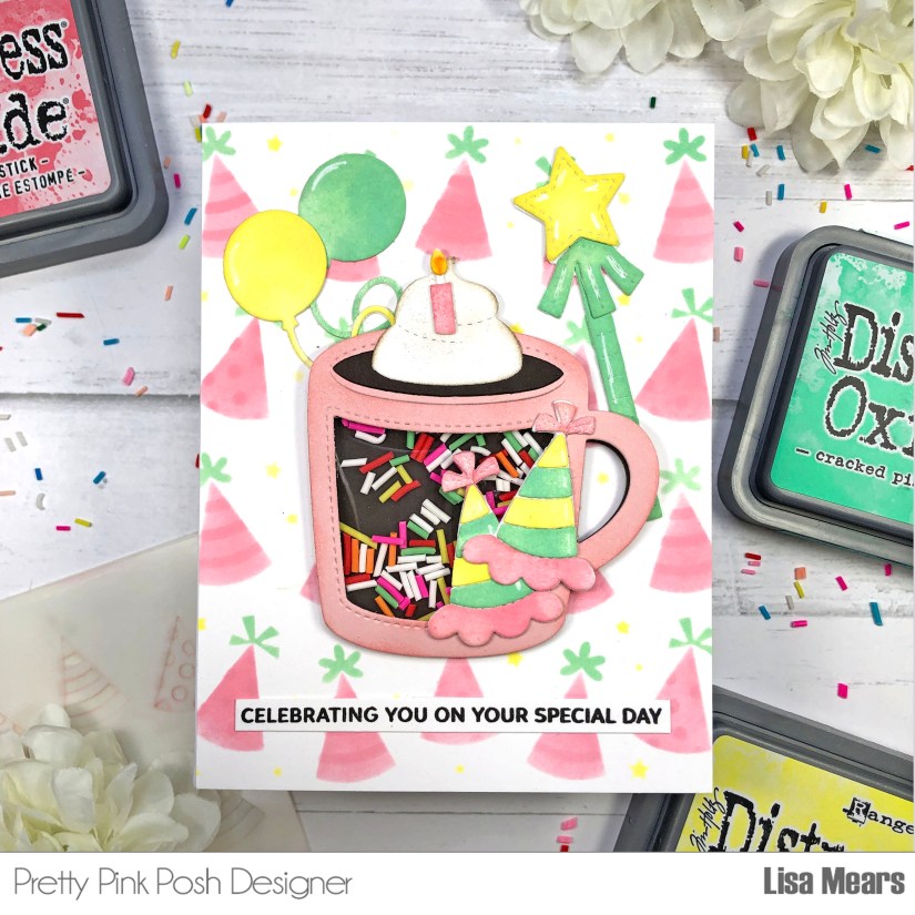 Birthday Mug Shaker Card, Pretty Pink Posh Birthday Mug Additions, Party Hats Stencil