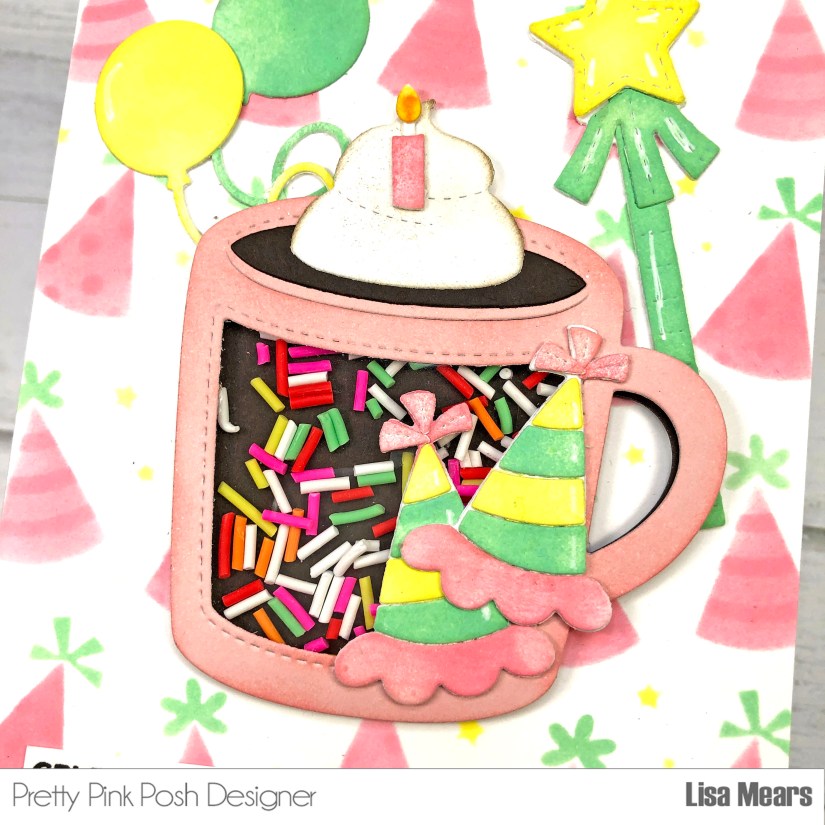 Birthday Mug Shaker Card, Pretty Pink Posh Birthday Mug Additions, Party Hats Stencil