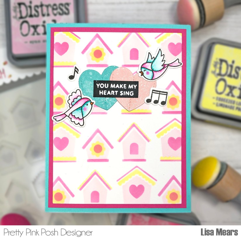 Birdhouse Stencil Card Pretty Pink Posh - Handmade card with Birds and Birdhouses
