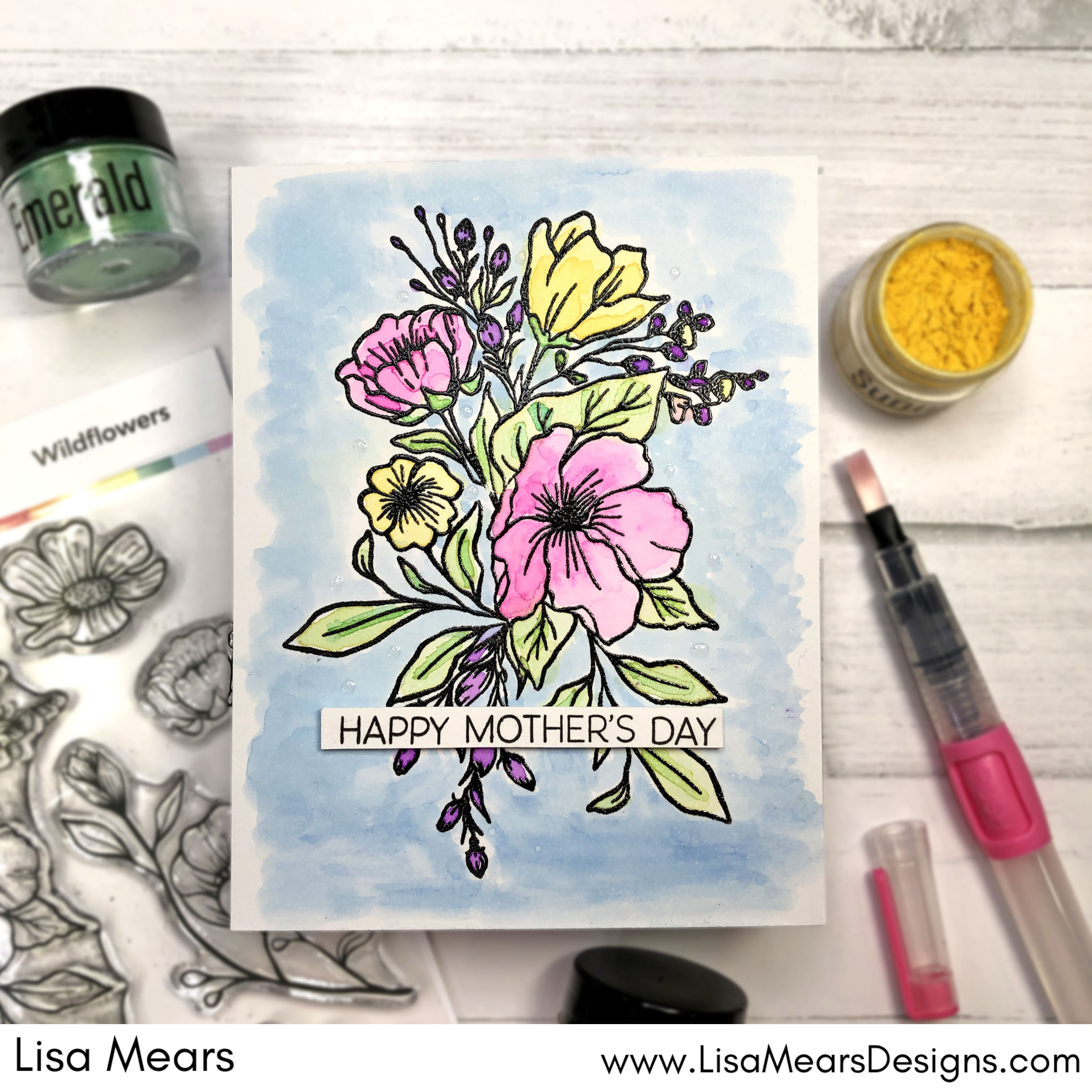 Using Watercolor Powders with Pink and Main Water Gems - Scrapbook.com Wildflowers Stamp