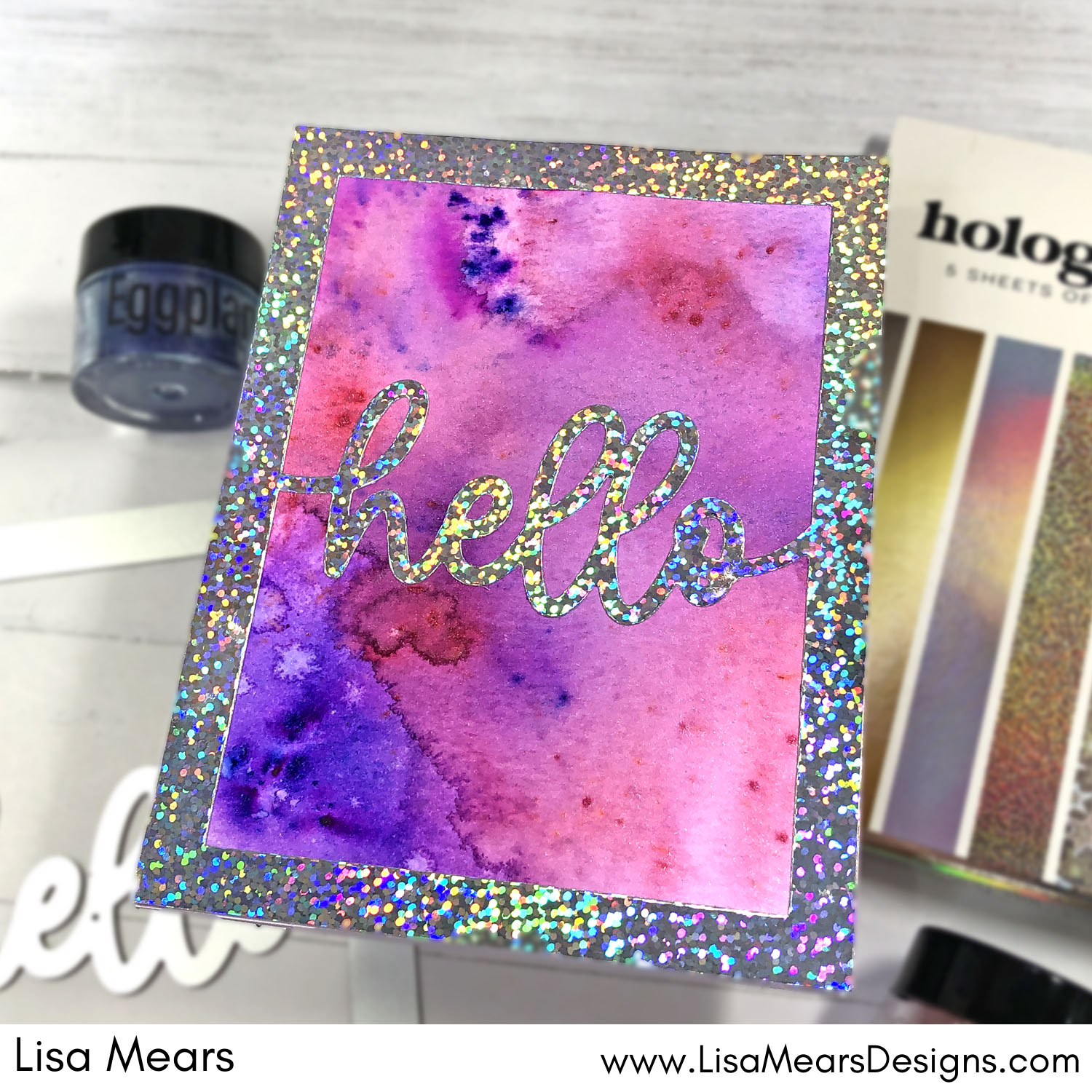 Using Watercolor Powders with Pink and Main Water Gems - Scrapbook.com Hello A2 Plate and Scrapbook.com Holographic Mirror Paper