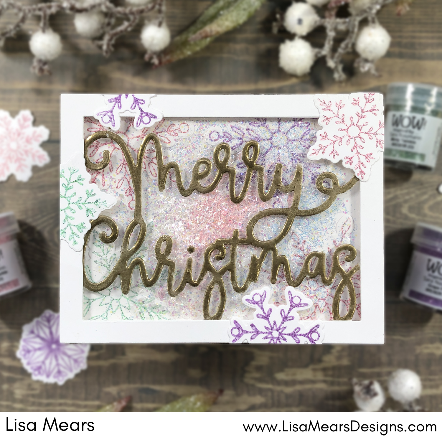 Christmas Snowflake Card with Wow Embossing Powder Twinkly Fizz Trio and Polished Gold - Wow Cotton Candy Glitter - SBC Dainty Snowflakes Small and Large - SBC Merry Christmas A2 Plate
