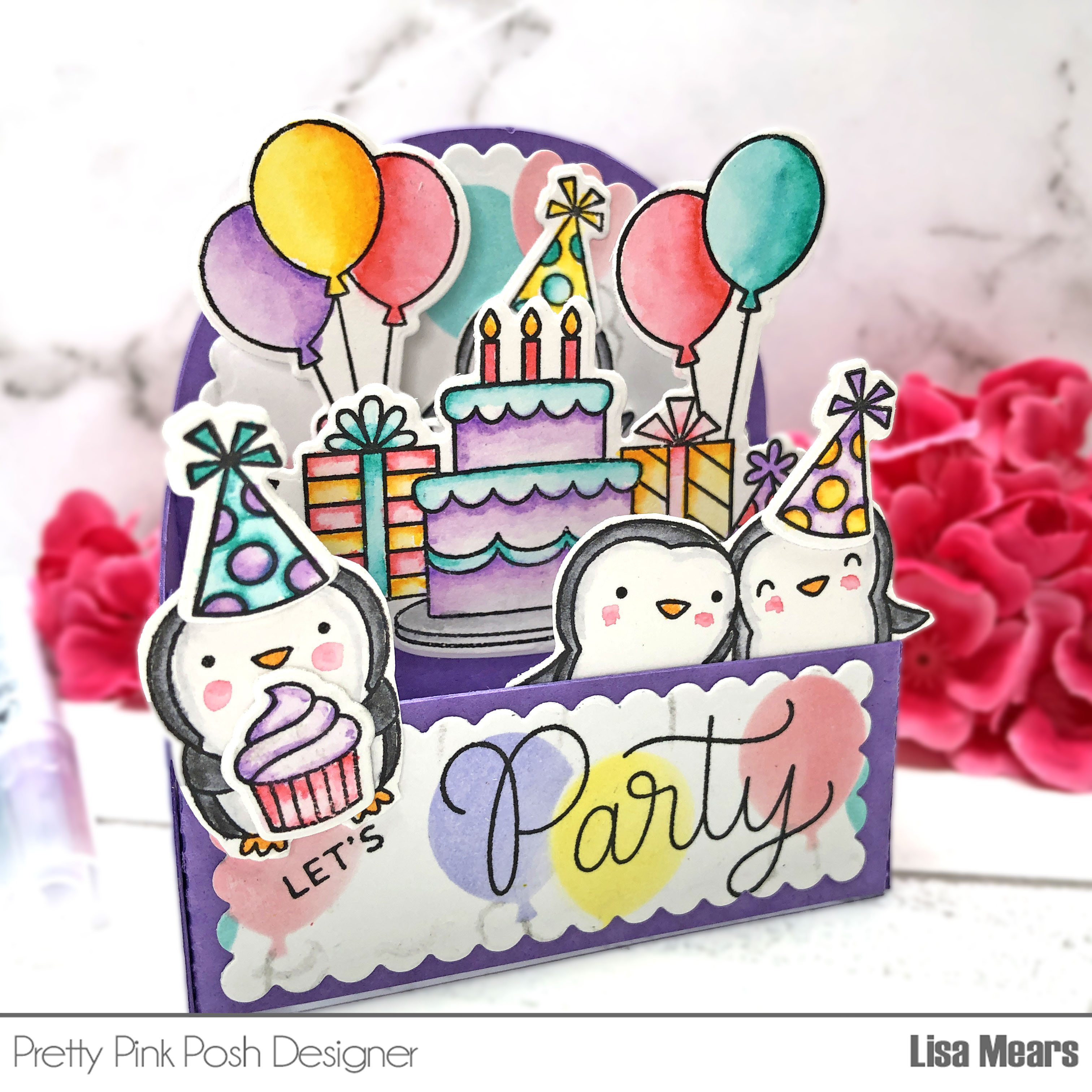 Penguin Party Scallop Box Card | Party Time | Layered Balloons Stencil | Pretty Pink Posh