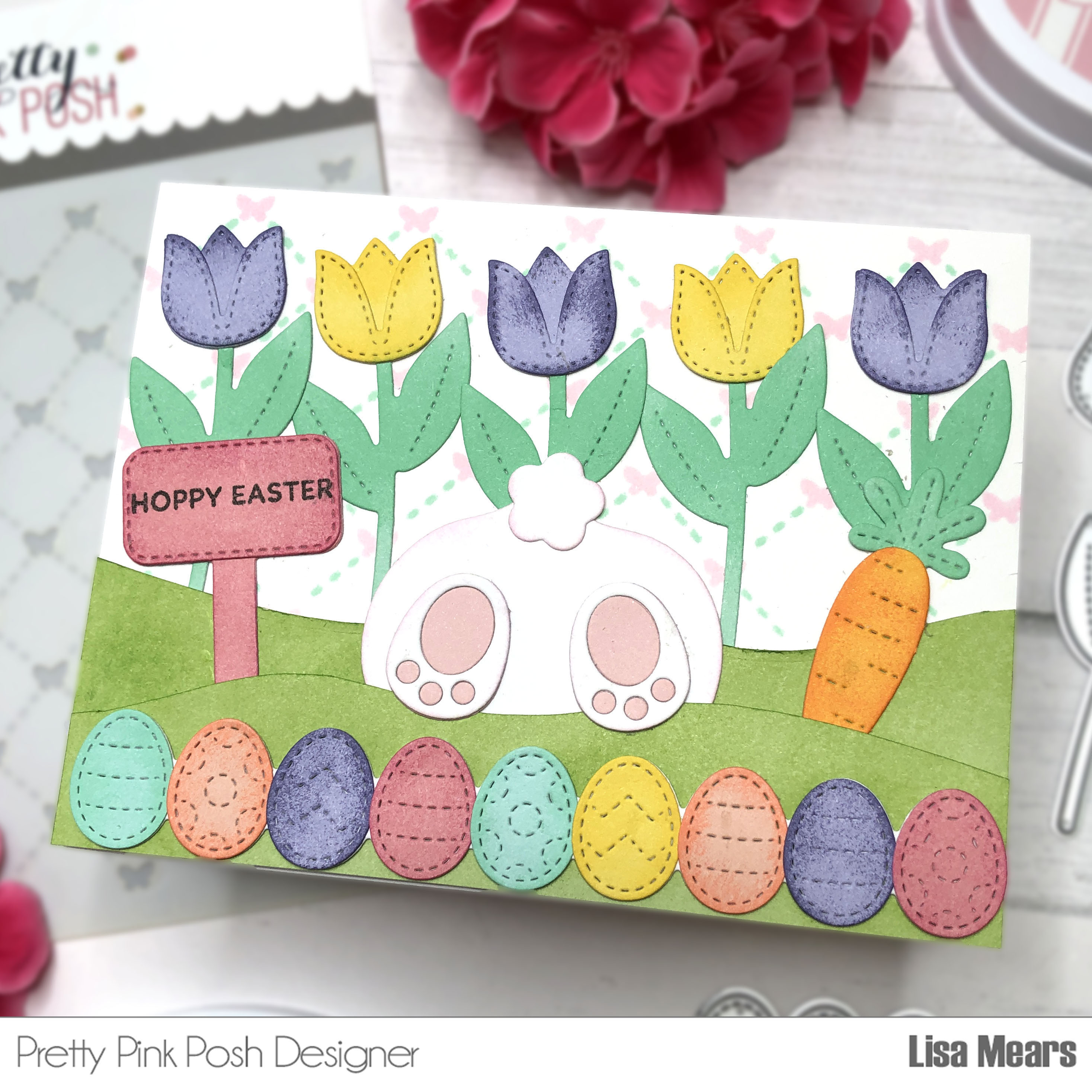 Peek a Boo Bunny Spring Card with Pretty Pink Posh Layered Butterfly Lattice Stencil - Spring Mug Additions - Big Easter Cupcake