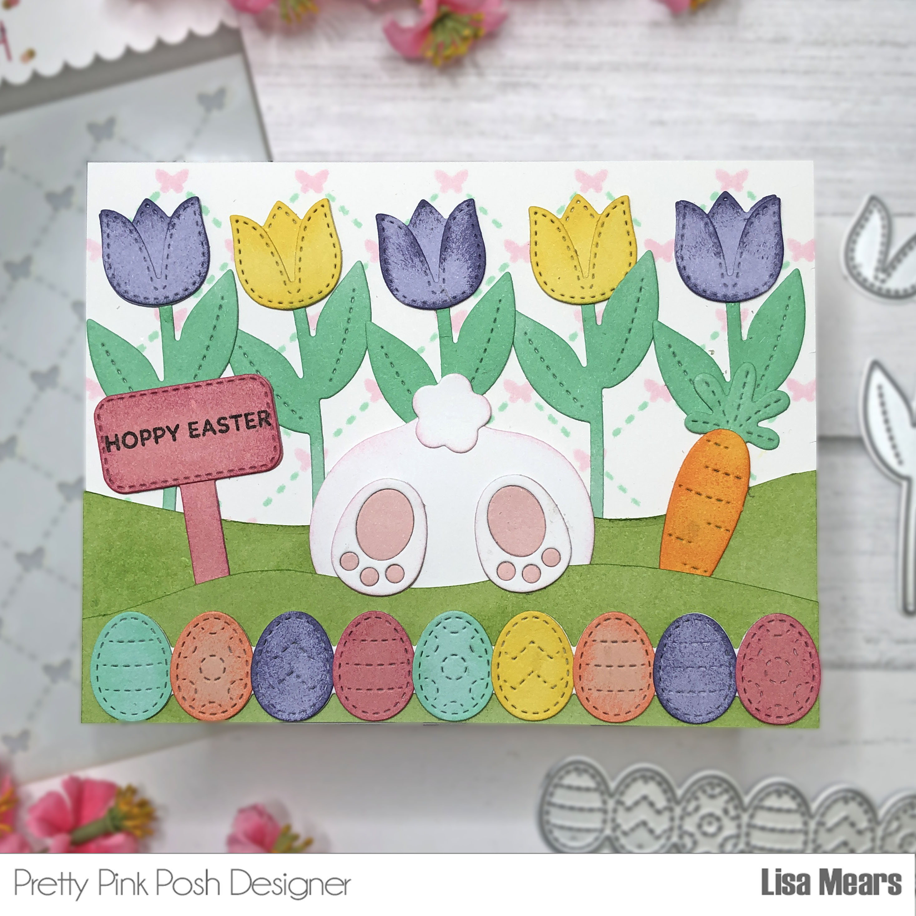 Pretty Pink Posh - Easter Bunny Peek a Boo Card with tulips and Easter Eggs - Bunny Butt Card
