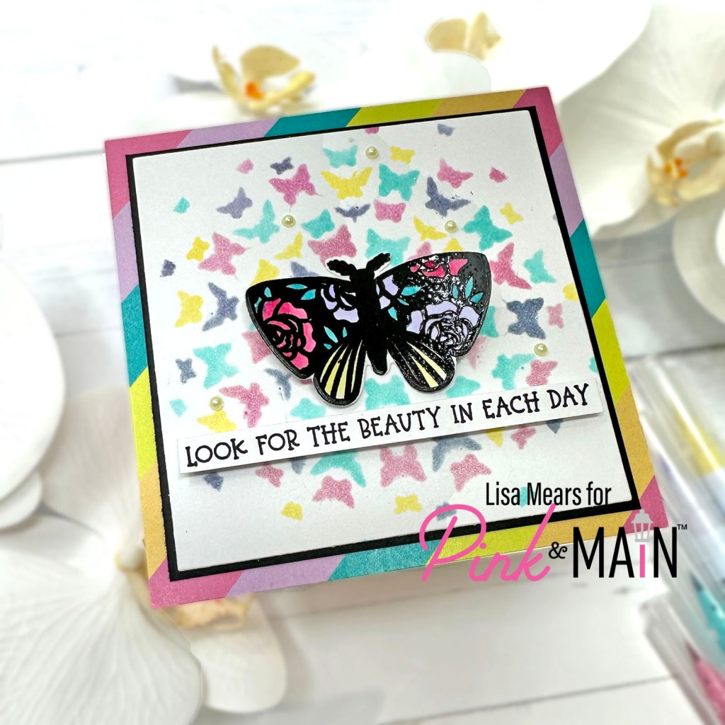 Pink and Main Radiating Butterflies Stencil, Wings of Whimsy Stamp, Butterfly Card