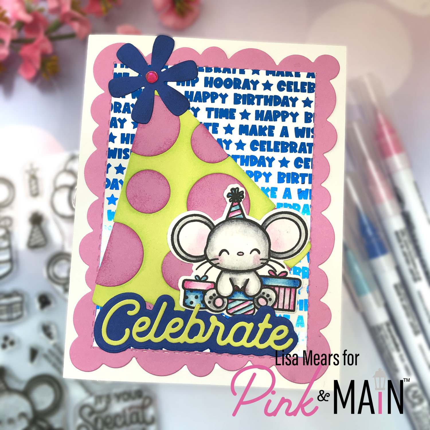 Pink and Main Party Hat Mice Birthday