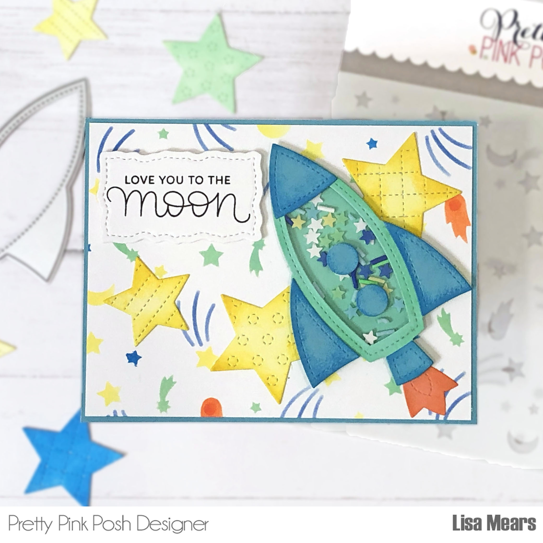 Rocket Ship Shaker Card - Pretty Pink Posh Layered Shooting Stars Stencil - Stitched Stars - Outerspace - Stargazing Mix - Stitched torn rectangles -