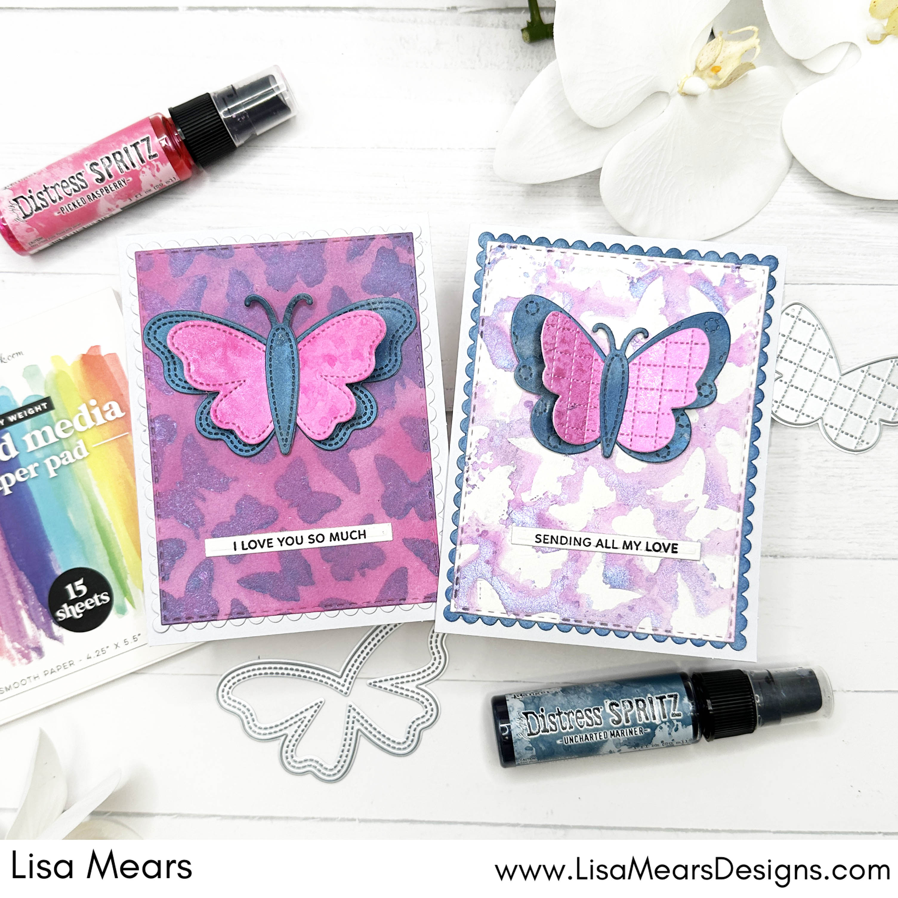 Ranger Distress Spray Spritz Picked Raspberry - Twisted Citron - Uncharted Mariner - SBC Butterflies Stencil - Pretty Pink Posh Stitched Butterflies