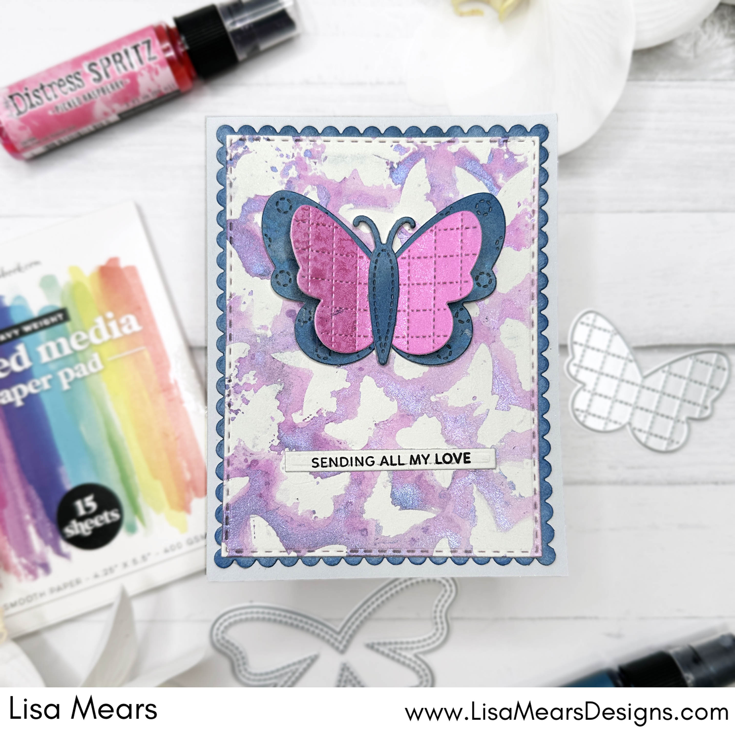 Ranger Distress Spray Spritz Picked Raspberry - Uncharted Mariner - SBC Butterflies Stencil - 2L