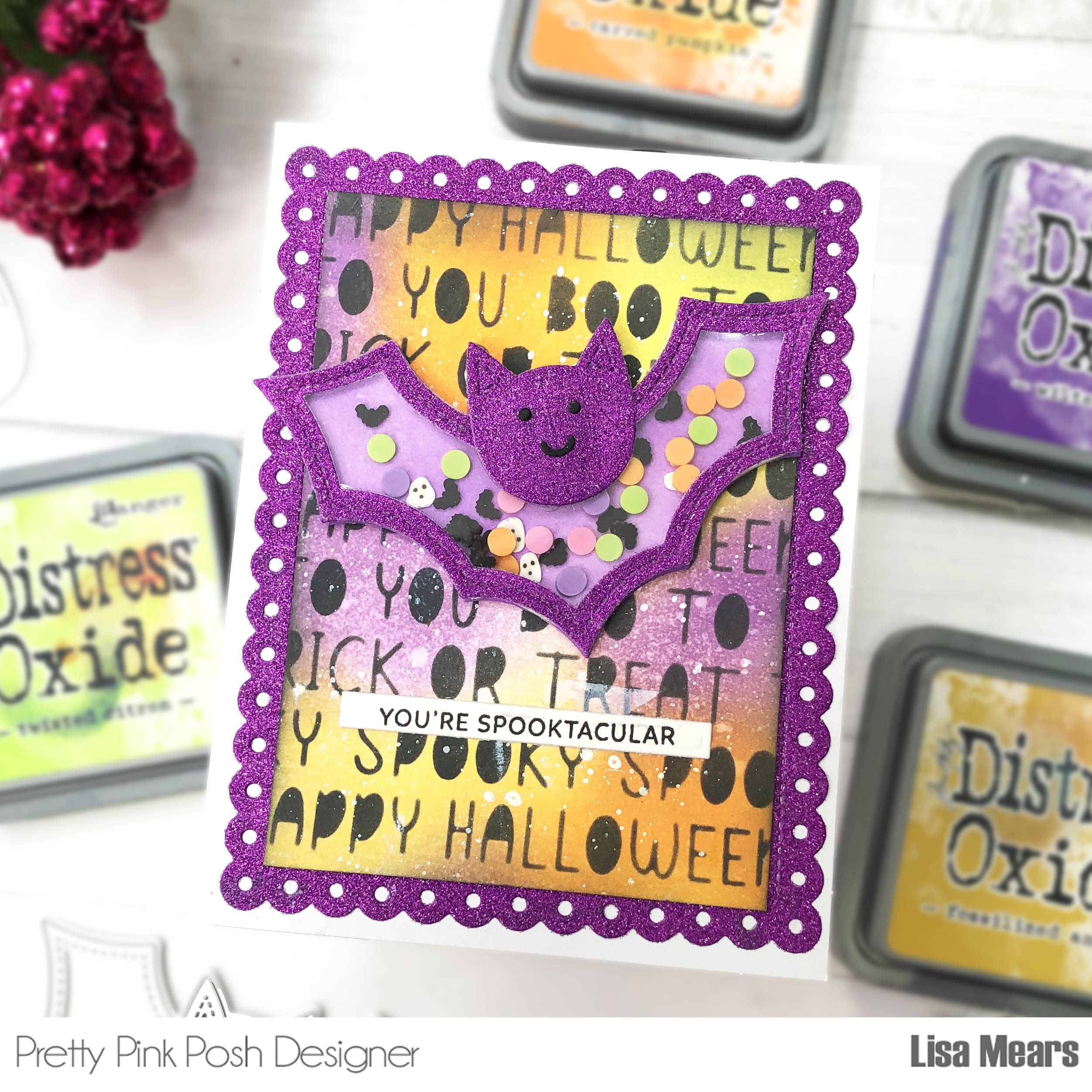 Pretty Pink Posh Bat Shaker Card - Halloween Words Stencil -c-L