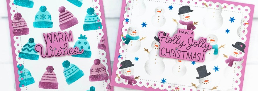 Pretty Pink Posh Easy Winter and Christmas Cards with Layered Winter Hats Stencils - Winter Greetings, Eyelet Rectangles -