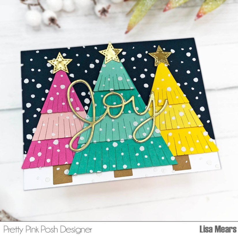 Pretty Pink Posh Fringe Tree Card with Snowfall Stencil - Large Joy Shadow Christmas Card
