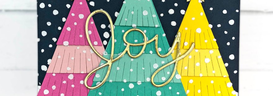 Pretty Pink Posh Fringe Tree Card with Snowfall Stencil - Large Joy Shadow Christmas Card