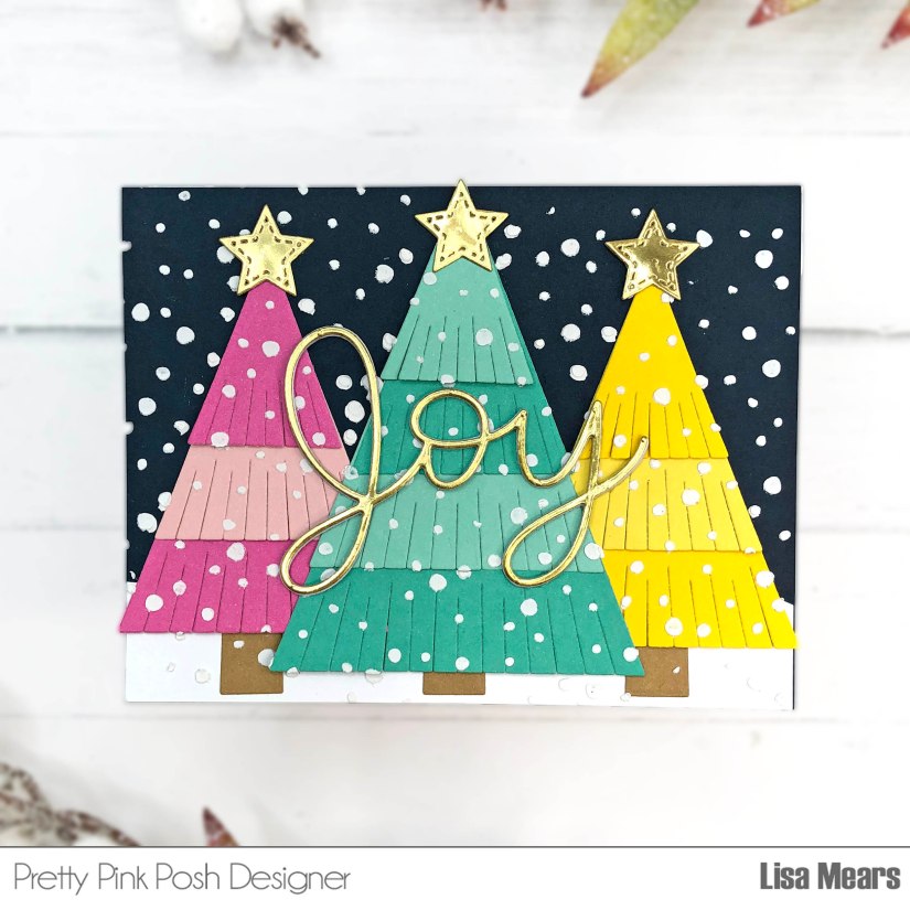 Pretty Pink Posh Fringe Tree Card with Snowfall Stencil - Large Joy Shadow Christmas Card