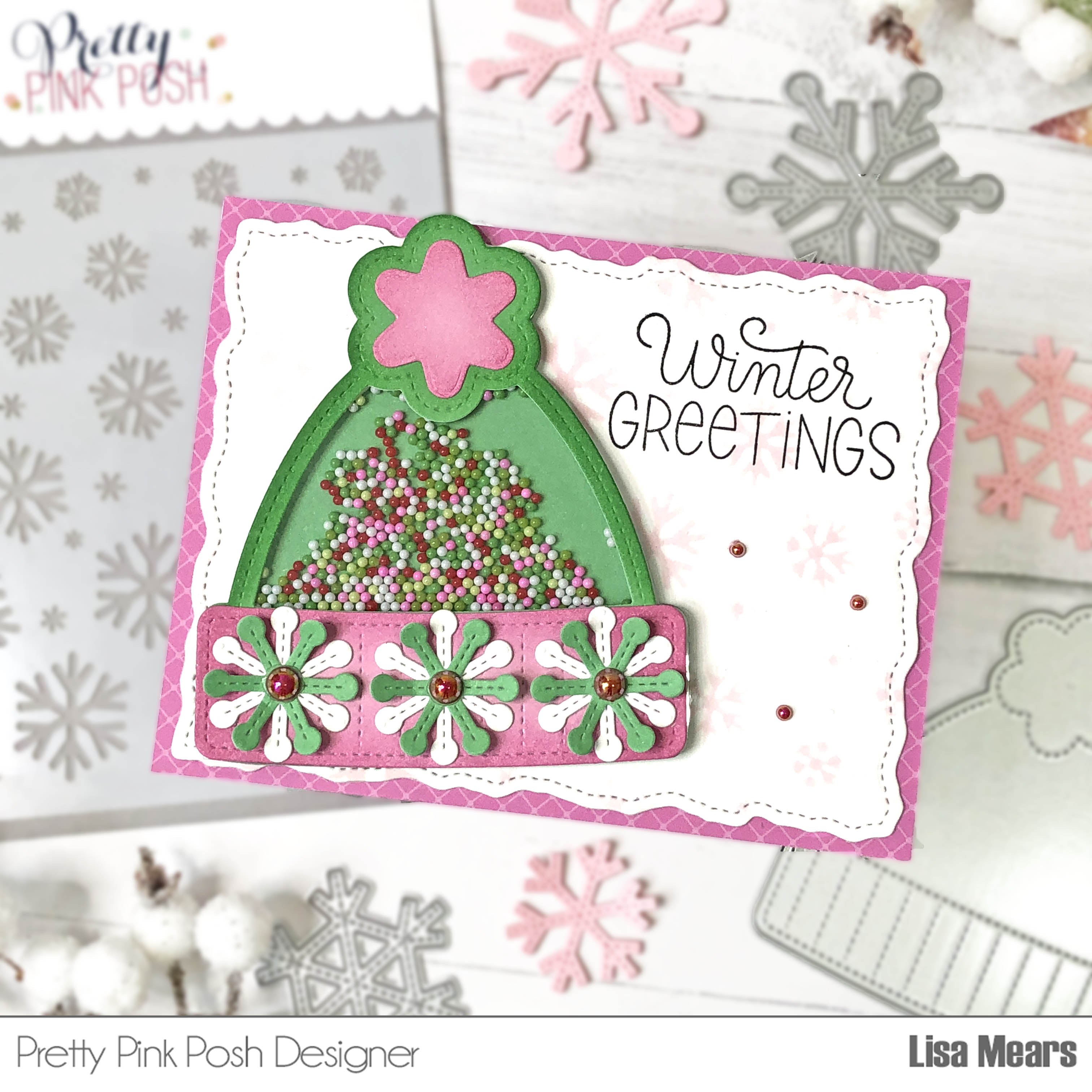 Pretty Pink Posh Winter Hat Shaker Card wit Cascading Snowflake Stencil