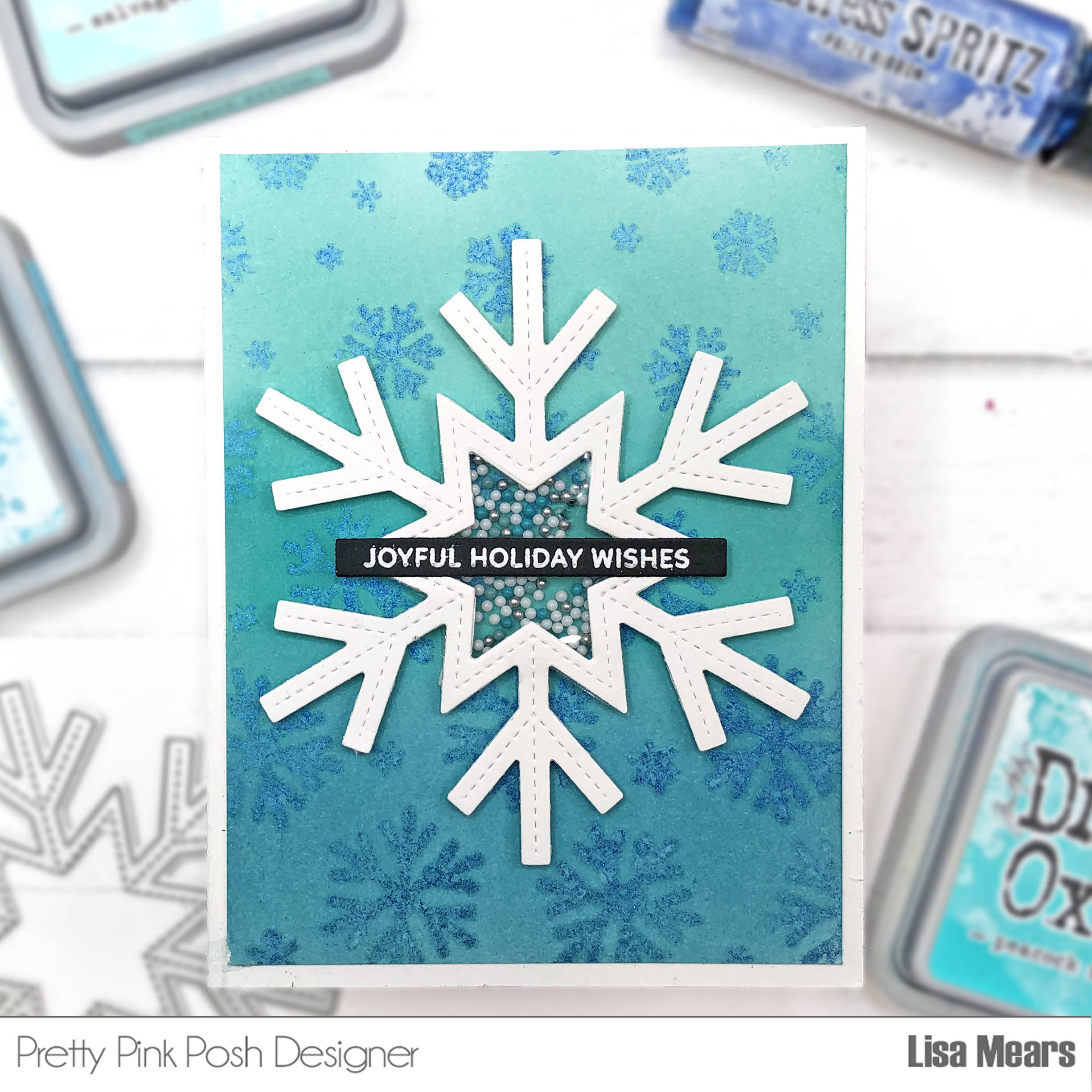 Snowflake Shaker - Cascading Snowflakes Stencil - Sentiment Strips Christmas - Snow Days Shaker Beads - Card 6a L