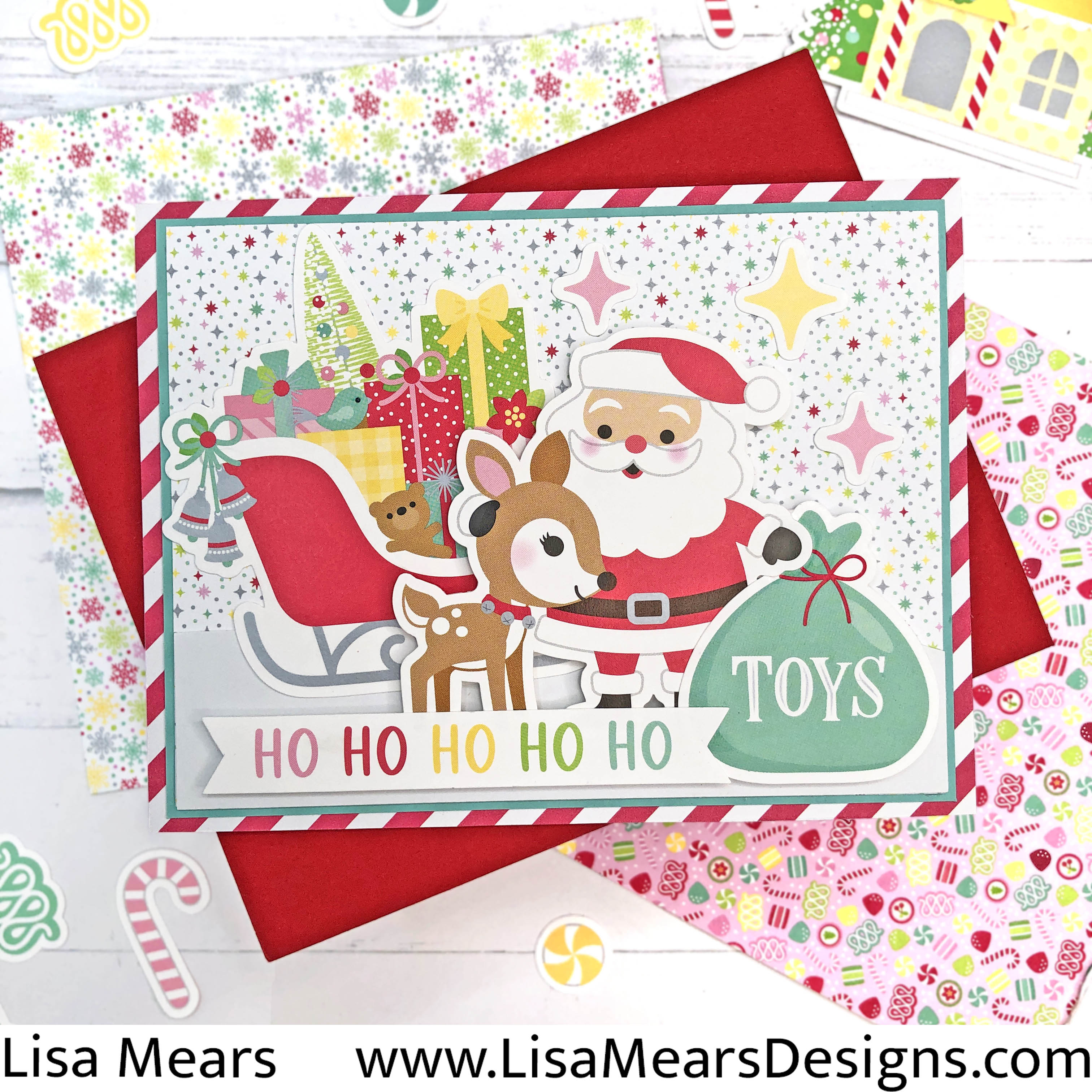 Doodlebug Design Tinsel Time - Christmas Card with Pattern Paper - Santa and Sleigh