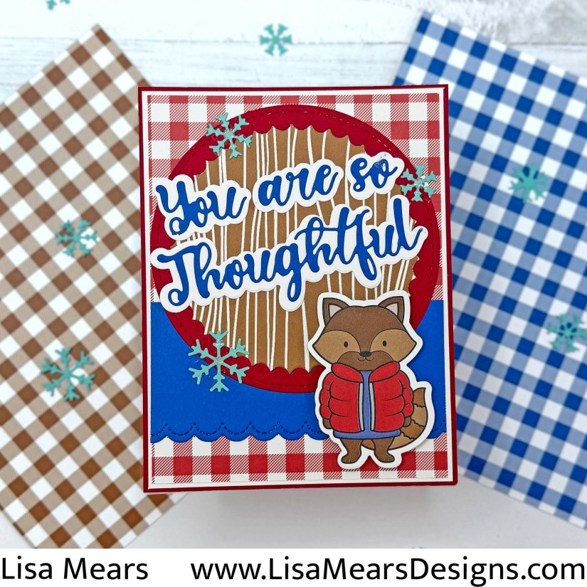 The Stamps of Life - All Bundled Up and So Thoughtful Card kit - November 2025 Club Kits - raccoon card with woodgrain pattern paper