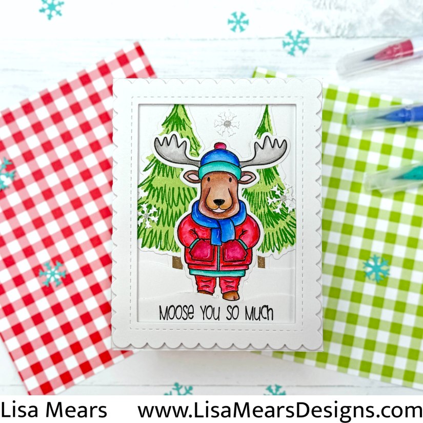 The Stamps of Life - All Bundled Up  November Stamp and Die Hard 2025 Club Kits - Winter card with moose and christmas trees - clean and simple card